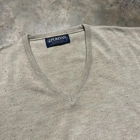Vintage 80s Puritan Beige V-Neck Acrylic Sweater - Picture 2 of 3